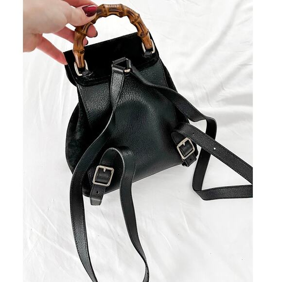 Vintage Gucci Black Suede and Bamboo Handle Backpack Purse - Picture 9 of 11